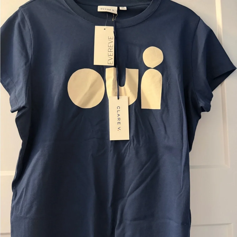 Clare V. Navy Blue T-Shirt with 'Oui' Print size small NWT - Picture 2 of 4